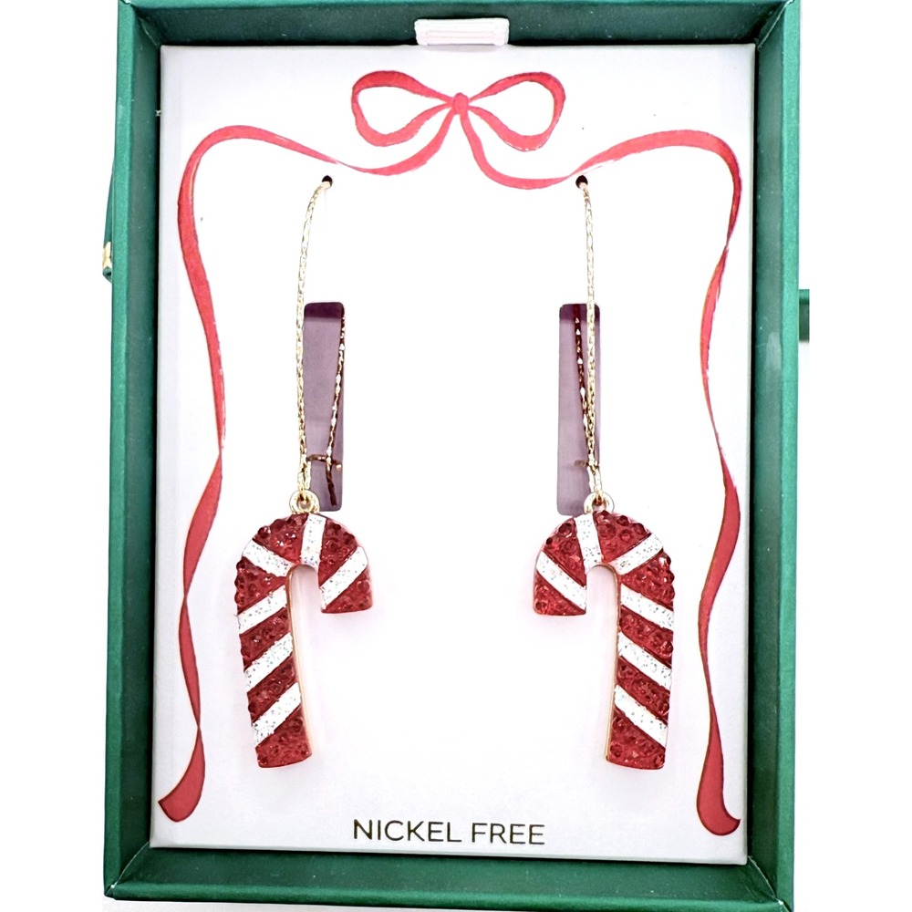 True To Form Christmas Candy Cane Rhinestone Sparkling Earrings New In Box